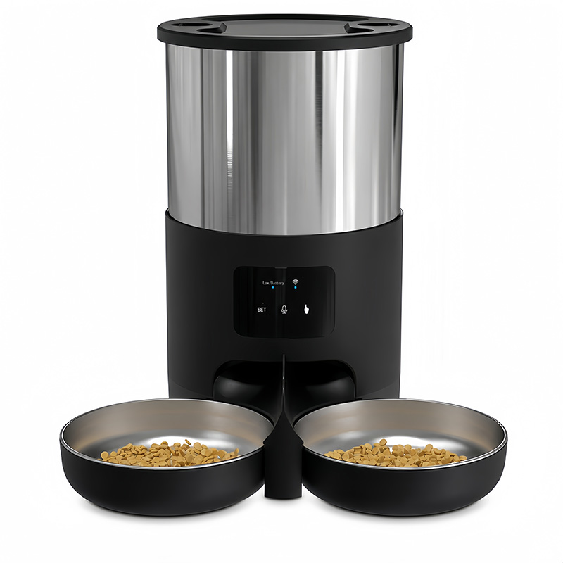 Automatic Pet Feeder Dual Bowl Stainless - デュアルボウル式スマートペットフィーダー。304ステンレス製で、自動給餌機能、Wi-Fi接続、音声録音機能を搭載。1日に4回の給餌が可能。