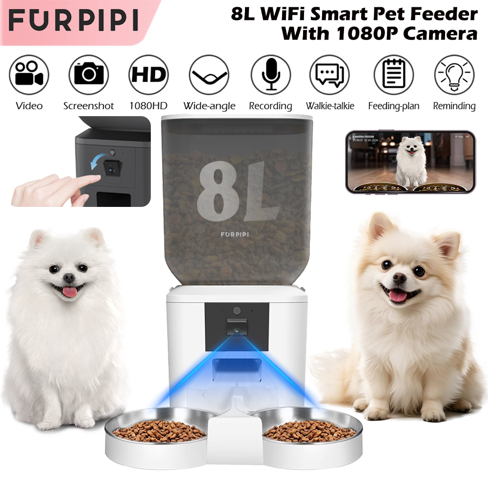 Smart Pet Feeder Camera 1080P Wifi - 8L自動給餌器、1080Pカメラ付きビデオWiFi猫用フードディスペンサー、ペットスマートボイスレコーダー、リモコン付きペット自動給餌器