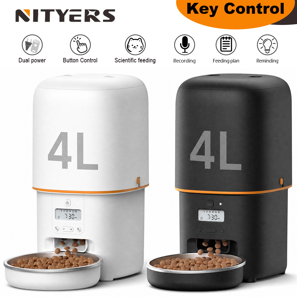 Timed Cat Dog Food Dispenser 4L - NITYERS 4L 自動猫用フィーダー、キー制御付きスマートペットフードディスペンサー、ボイスレコーダー、デュアル電源、ステンレス製ボウル付き時間指定自動犬用フィーダー