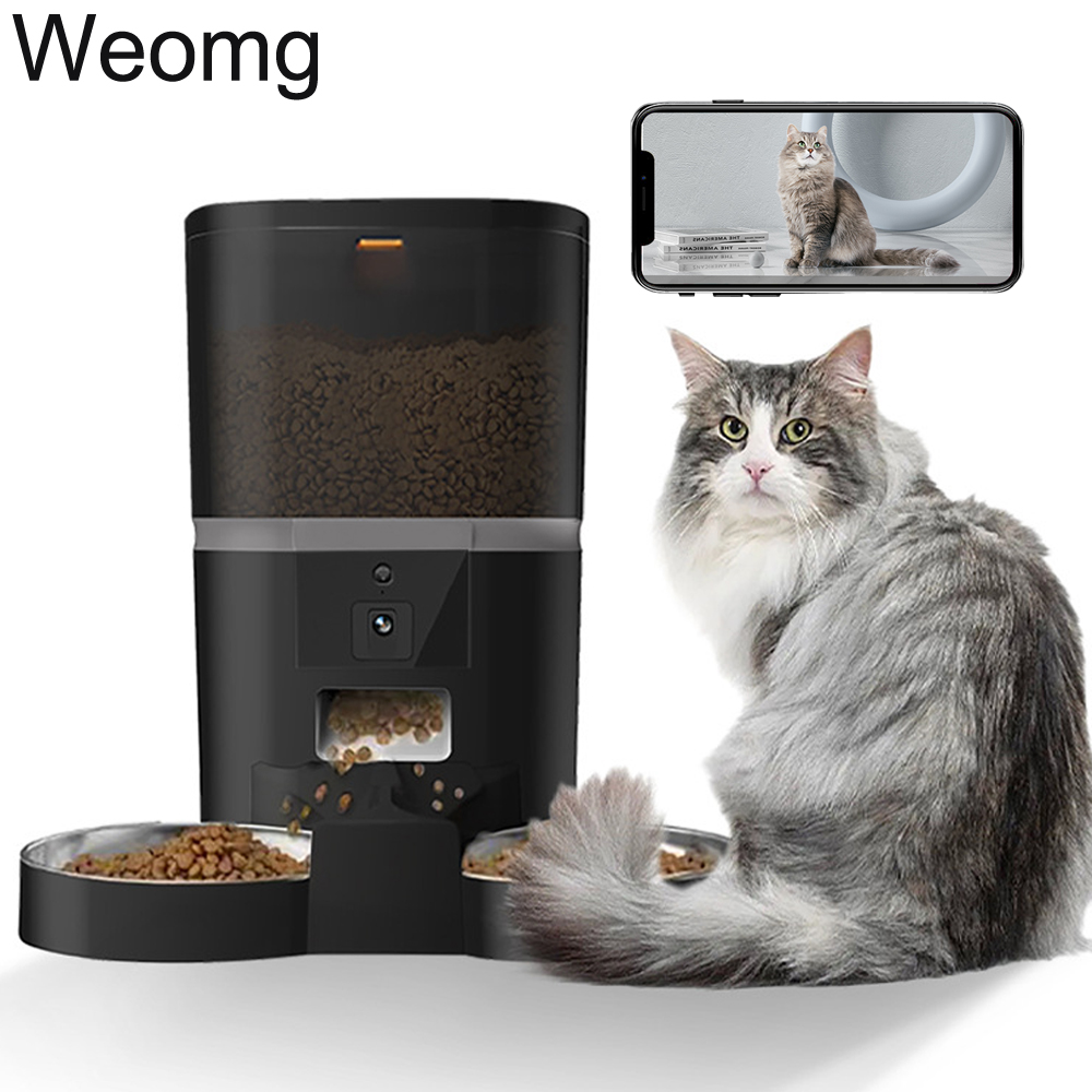 Timed Cat Dog Food Dispenser 4L - 自動ペットフィーダー,ダブルミールカメラ,アプリ,猫と犬用,ステンレス鋼フード,ボウル,ビデオディスペンサー,4l