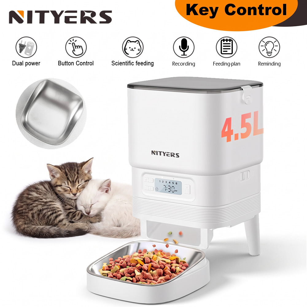 Automatic Pet Feeder Dual Bowl Stainless - NITYERS 4.5L 自動給餌器（猫用）、タイマー付き犬用自動給餌器（ステンレス製ボウル付き）、詰まりにくい設計のスマートペット用給餌器、音声録音機能、デュアル電源、猫や小型犬向けの食事量調整機能と食事プランニング機能付き。