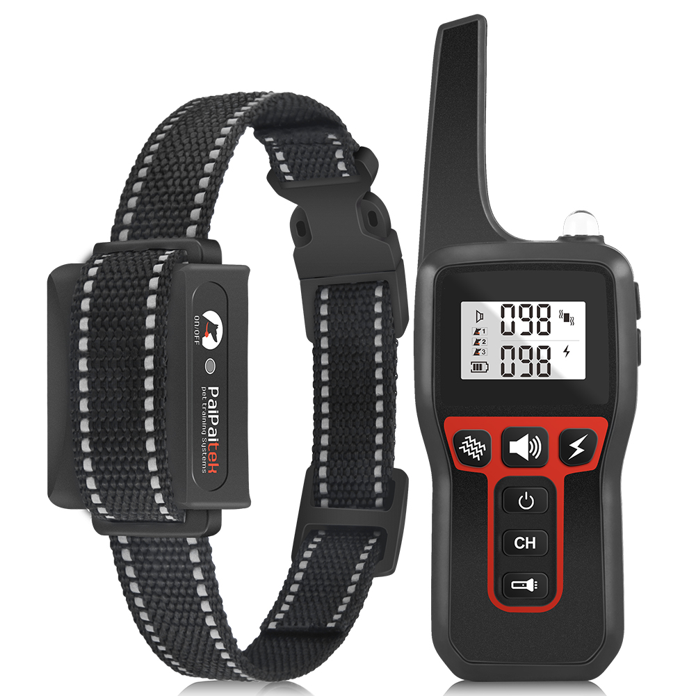 Dog Training Collar Remote 1000M Beep - リモコン付きの犬用訓練首輪。音声、振動、静電気刺激による行動矯正が可能。最大1000mの範囲で使用可能。LCDディスプレイ搭載。IPX7防水。