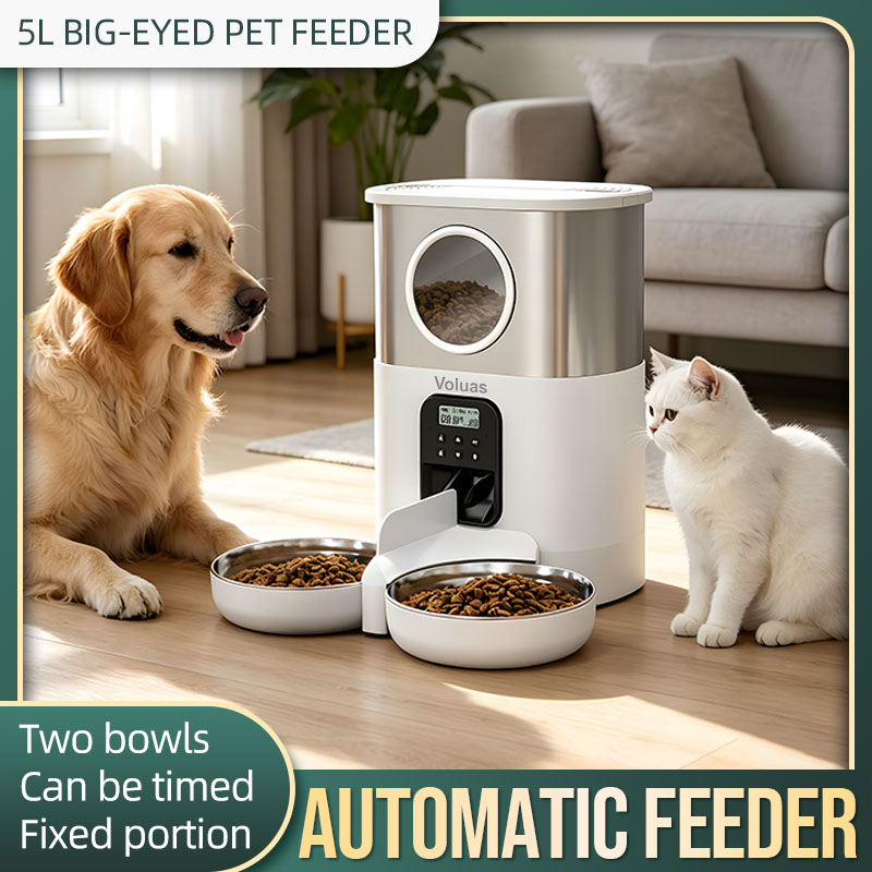 Automatic Pet Feeder Dual Bowl Stainless - 猫・犬用自動給餌器。タイマー機能、スマートフォンアプリ対応、遠隔操作可能。ステンレス製ボウル、2つの給餌口、2回の給餌時間を記録可能、10秒間の音声録音機能付き。
