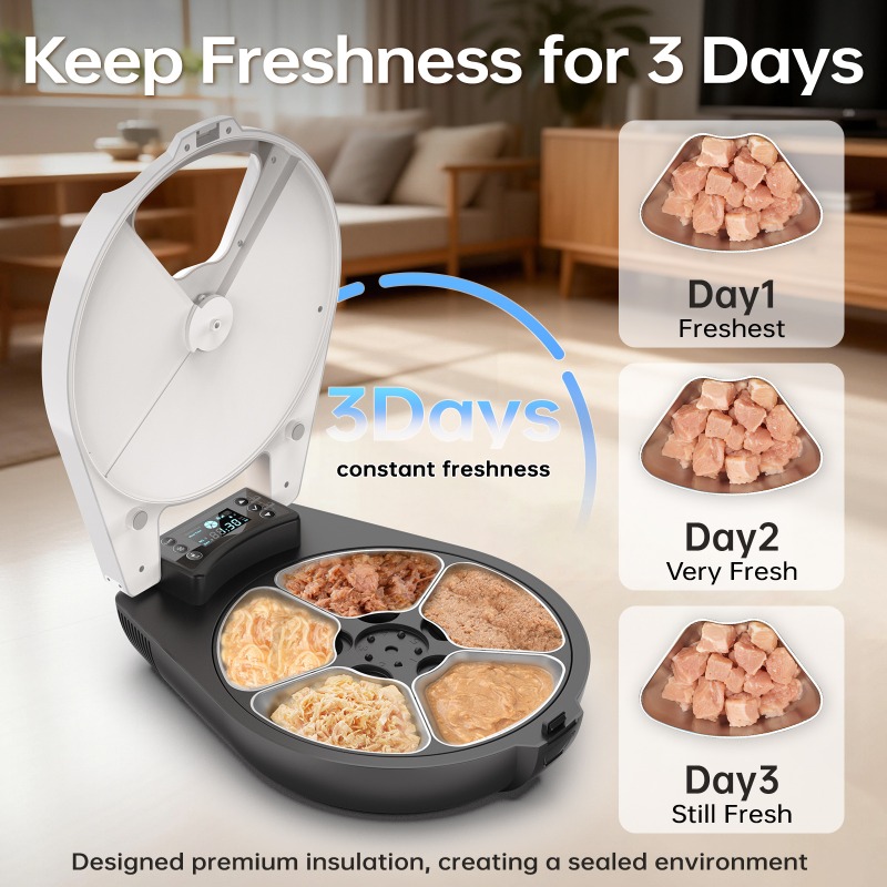 Wet Food Automatic Pet Feeder Refrigerated - 保温機能付きペット用自動給餌器。タイマー設定可能。猫用、犬用。冷蔵機能付きウェットフードディスペンサー。回転式。