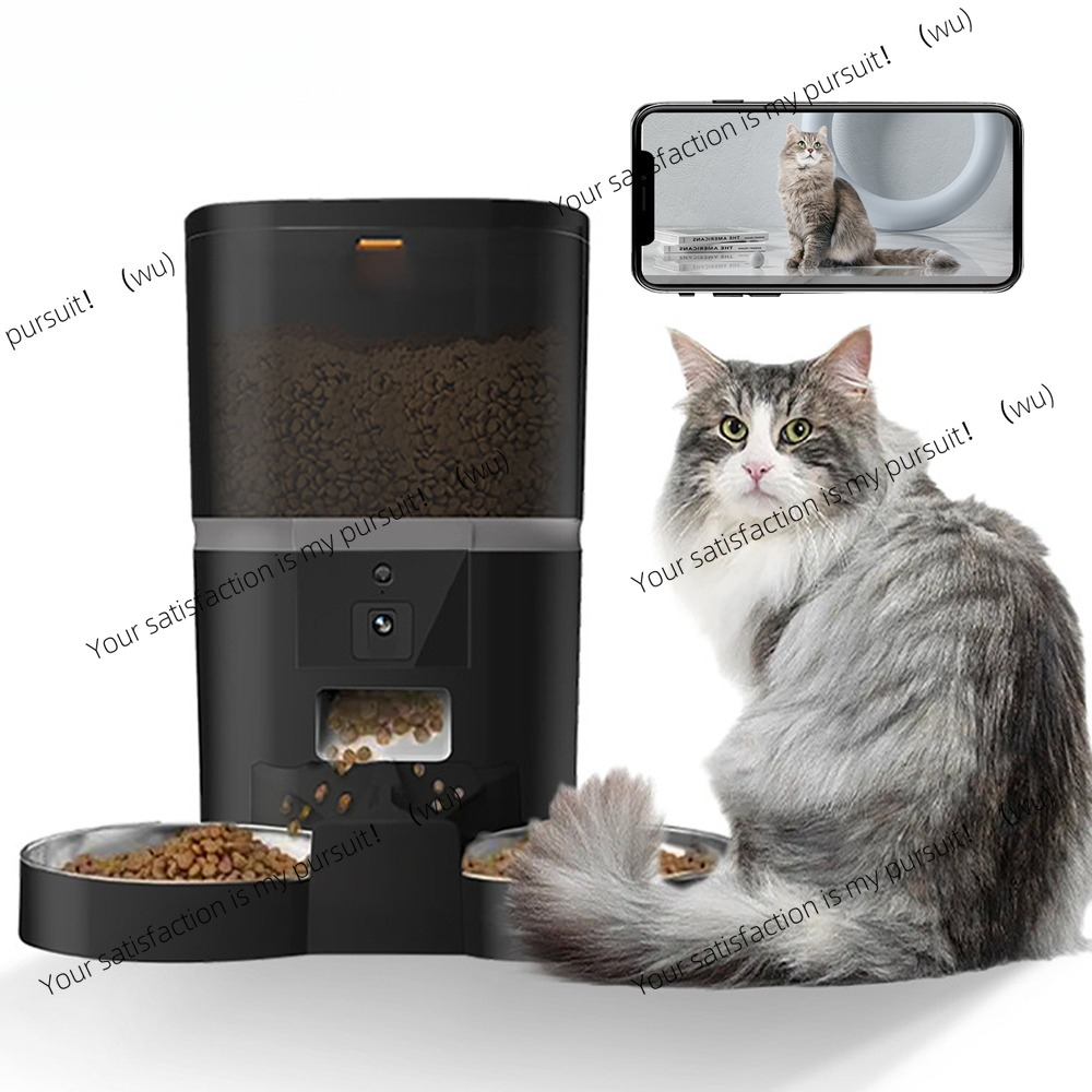 Timed Cat Dog Food Dispenser 4L - 4Lダブルミールカメラアプリ自動ペットフィーダー、ペット猫犬用フードステンレスボウル、ビデオディスペンサー、スマートペットフィーダー