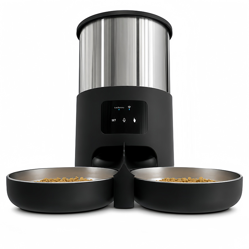 Automatic Pet Feeder Dual Bowl Stainless - スマート自動給餌器、デュアルボウル、304ステンレス製、Wi-Fi対応、音声録音機能付き、タイマー設定可能、4回分の給餌を可能にする、猫と犬用のペットフードディスペンサー。