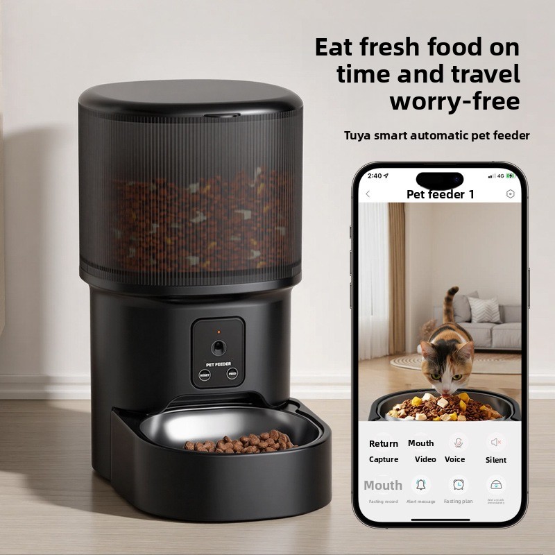 Timed Cat Dog Food Dispenser 4L - カメラ付きスマートペットフィーダー。タイマー設定による給餌、リモート音声操作、自動給餌機能付き。猫や犬の餌を自動で与えるための家庭用ペット給餌器。