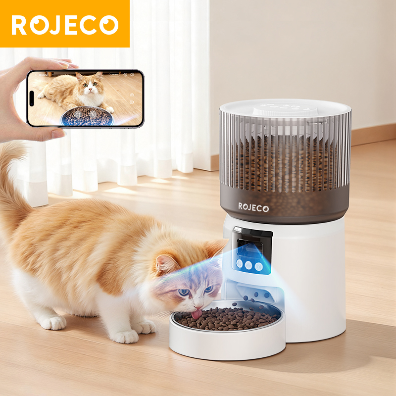 Smart Pet Feeder Camera 1080P Wifi - ROJECO 自動給餌器。1080P HDカメラ搭載、ビデオ機能付き。スマートペットフードディスペンサー。Wi-Fi対応、遠隔操作可能。猫や犬用の自動給餌器。