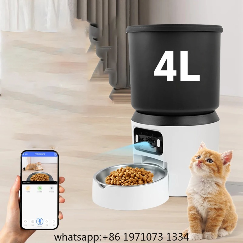 Timed Cat Dog Food Dispenser 4L - 4L自動給餌器 - 猫と犬用の時間設定可能なペットフィーダー、ドライフードディスペンサー、乾燥剤袋、WIFI制御、ビデオリモコン付き