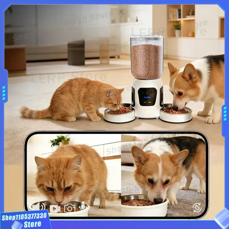 スマートWiFiペットフィーダー 自動給餌器 デュアルHDカ - Automatic Pet Feeder Dual Bowl Stainless のレビューと価格