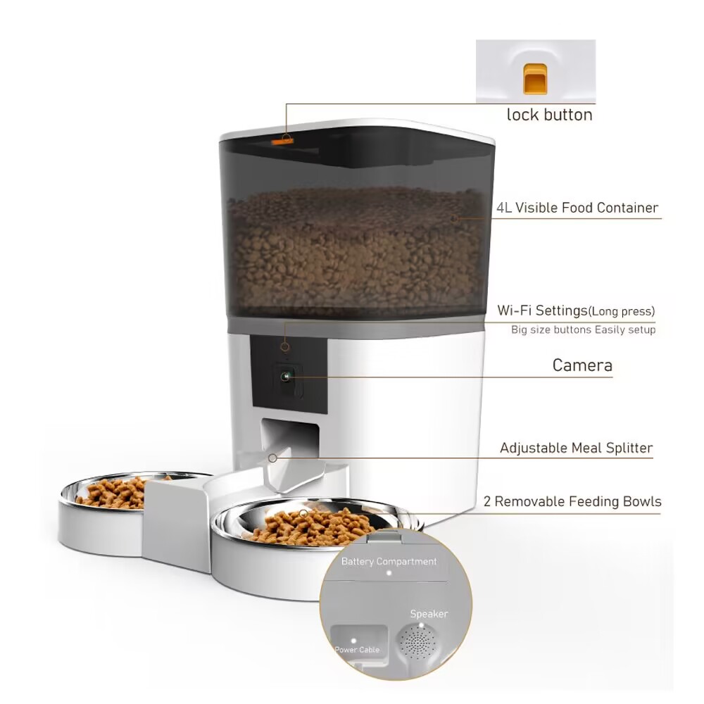 自動ペットフィーダー,ダブルミールカメラ,アプリ,猫と犬用, - Timed Cat Dog Food Dispenser 4L のレビューと価格