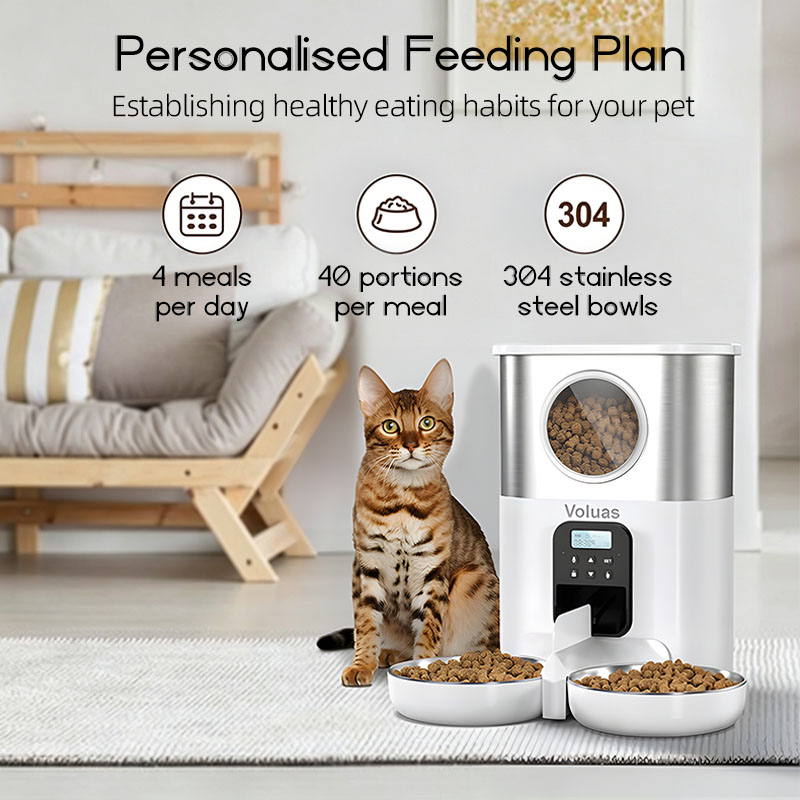 猫・犬用自動給餌器。タイマー機能、スマートフォンアプリ対応、 - Automatic Pet Feeder Dual Bowl Stainless のレビューと価格